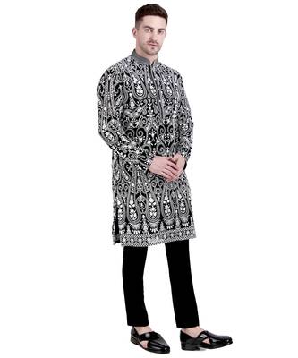 Black faux georgette embroidered kurta with pajama 4