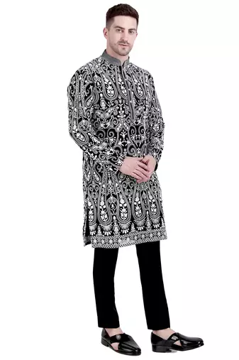 Black faux georgette embroidered kurta with pajama