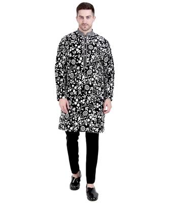 Black faux georgette kurta pajama with embroidery for men 1