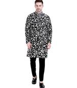 Black faux georgette kurta pajama with embroidery for men