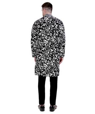 Black faux georgette kurta pajama with embroidery for men 2