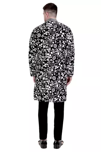 Black faux georgette kurta pajama with embroidery for men