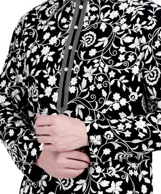 Black faux georgette kurta pajama with embroidery for men 3