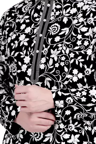 Black faux georgette kurta pajama with embroidery for men