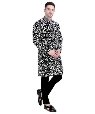 Black faux georgette kurta pajama with embroidery for men 4
