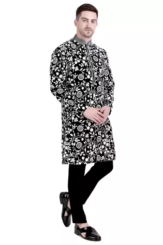 Black faux georgette kurta pajama with embroidery for men
