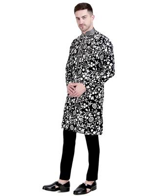 Black faux georgette kurta pajama with embroidery for men 5