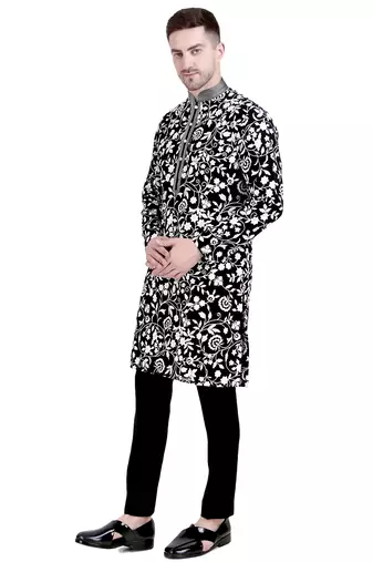 Black faux georgette kurta pajama with embroidery for men