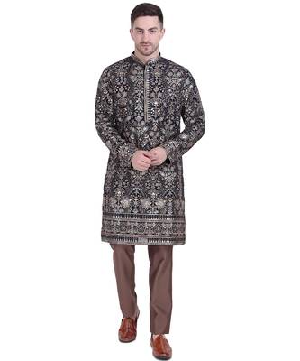 Black faux georgette embroidered kurta pajama with floral pattern 1