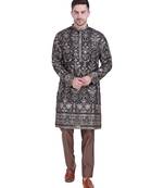 Black faux georgette embroidered kurta pajama with floral pattern