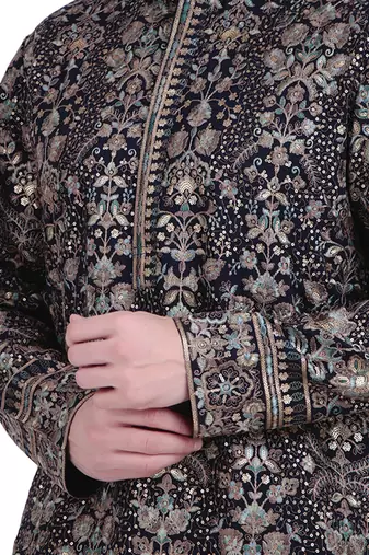 Black faux georgette embroidered kurta pajama with floral pattern