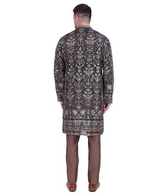 Black faux georgette embroidered kurta pajama with floral pattern 3