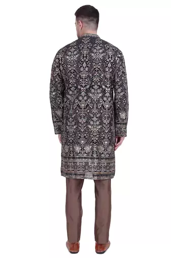 Black faux georgette embroidered kurta pajama with floral pattern