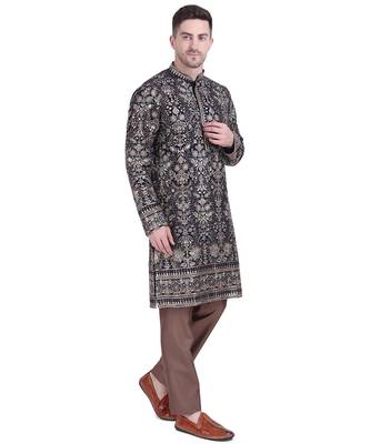 Black faux georgette embroidered kurta pajama with floral pattern 4