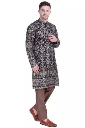 Black faux georgette embroidered kurta pajama with floral pattern