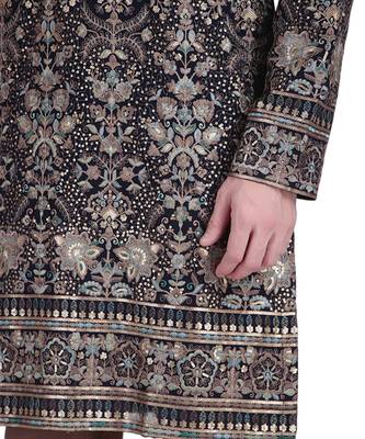 Black faux georgette embroidered kurta pajama with floral pattern 5