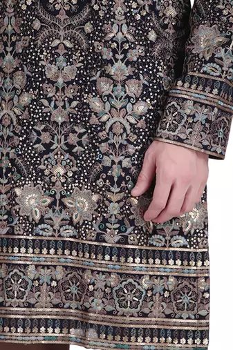 Black faux georgette embroidered kurta pajama with floral pattern