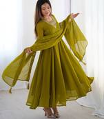 Mehndi green anarkali set with heavy embroidery, dupatta & full stitch finish