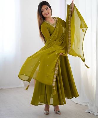 Mehndi green anarkali set with heavy embroidery, dupatta & full stitch finish 2