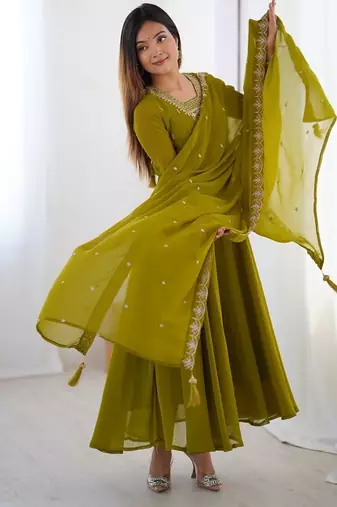Mehndi green anarkali set with heavy embroidery, dupatta & full stitch finish