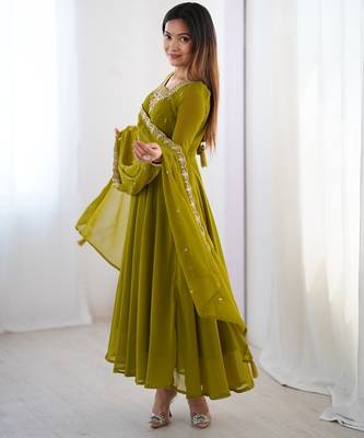 Mehndi green anarkali set with heavy embroidery, dupatta & full stitch finish 3