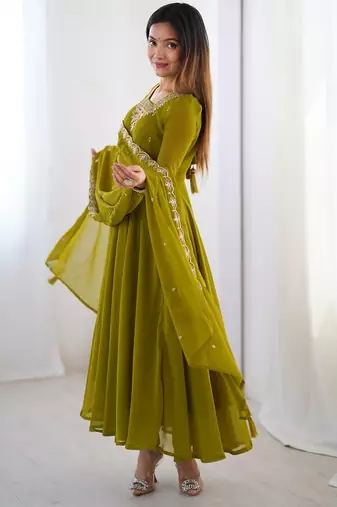 Mehndi green anarkali set with heavy embroidery, dupatta & full stitch finish