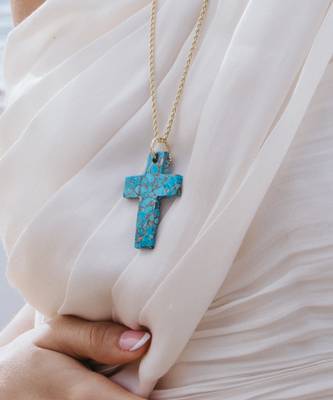 Arvino Cross Pendant Necklace Turquoise Stone, Gold Finish 1