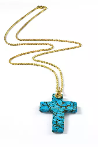 Arvino Cross Pendant Necklace Turquoise Stone, Gold Finish