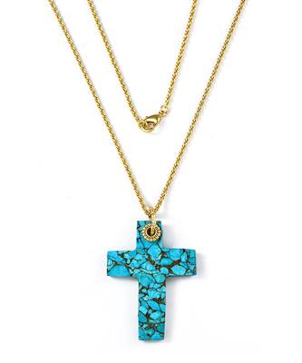 Arvino Cross Pendant Necklace Turquoise Stone, Gold Finish 3