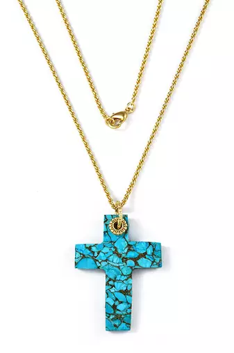 Arvino Cross Pendant Necklace Turquoise Stone, Gold Finish