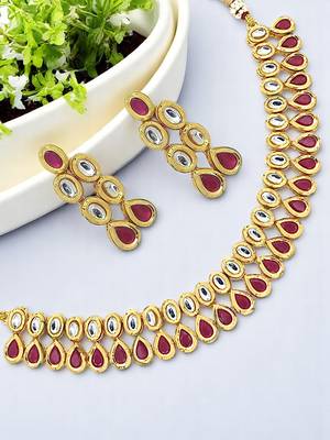 Gold plated ruby kundan necklace set 1