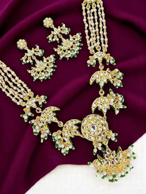 Gold plated kundan studded chandrika long necklace set 1