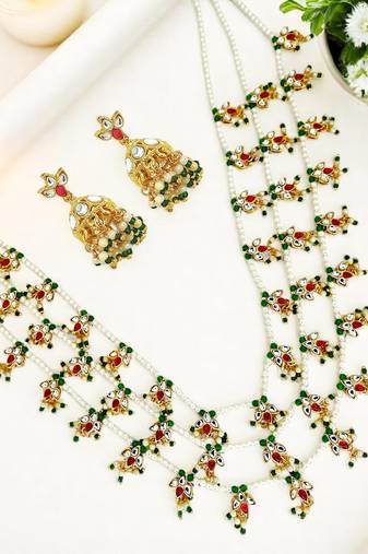 Gold plated stone studded satlada necklace set