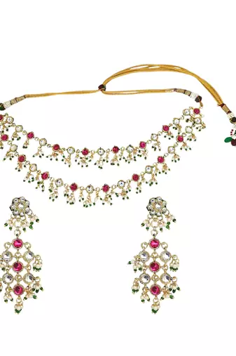 Gold plated multicolor stone studded layered necklace set