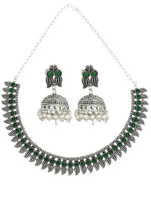 Silver oxidised green stone studded necklace set 1
