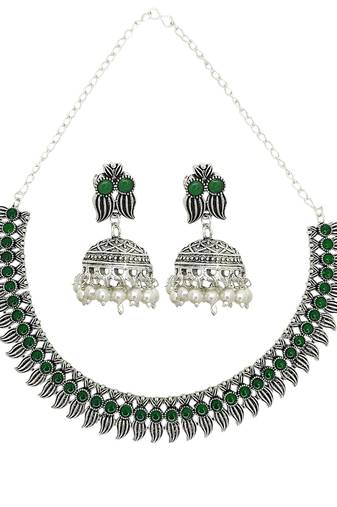 Silver oxidised green stone studded necklace set