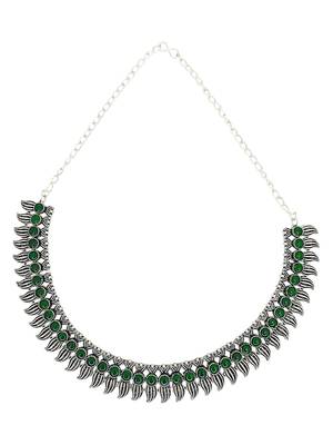 Silver oxidised green stone studded necklace set 2