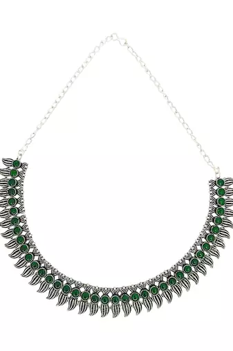 Silver oxidised green stone studded necklace set