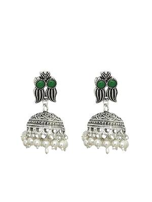 Silver oxidised green stone studded necklace set 3