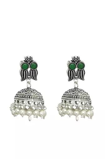 Silver oxidised green stone studded necklace set