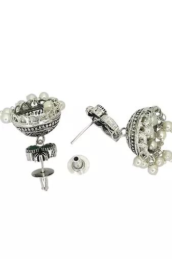Silver oxidised green stone studded necklace set