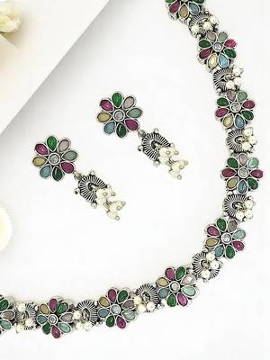 Silver oxidised multicolour floral necklace set 1