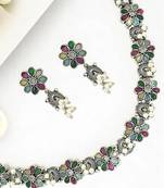 Silver oxidised multicolour floral necklace set