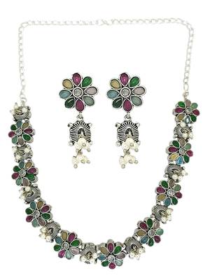 Silver oxidised multicolour floral necklace set 2