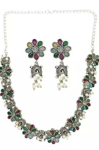 Silver oxidised multicolour floral necklace set