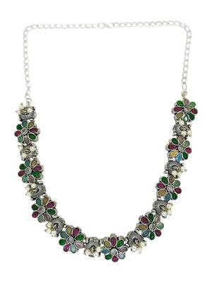 Silver oxidised multicolour floral necklace set 3