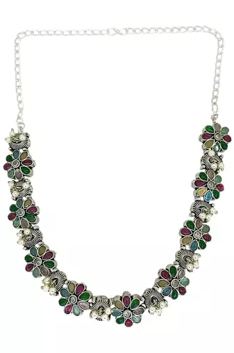 Silver oxidised multicolour floral necklace set