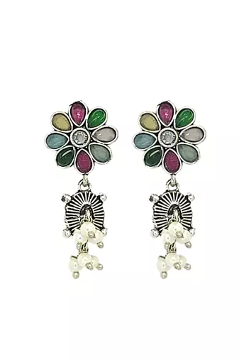 Silver oxidised multicolour floral necklace set