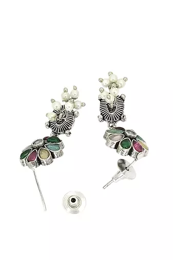 Silver oxidised multicolour floral necklace set