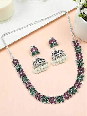 Silver oxidised leaf necklace set 1